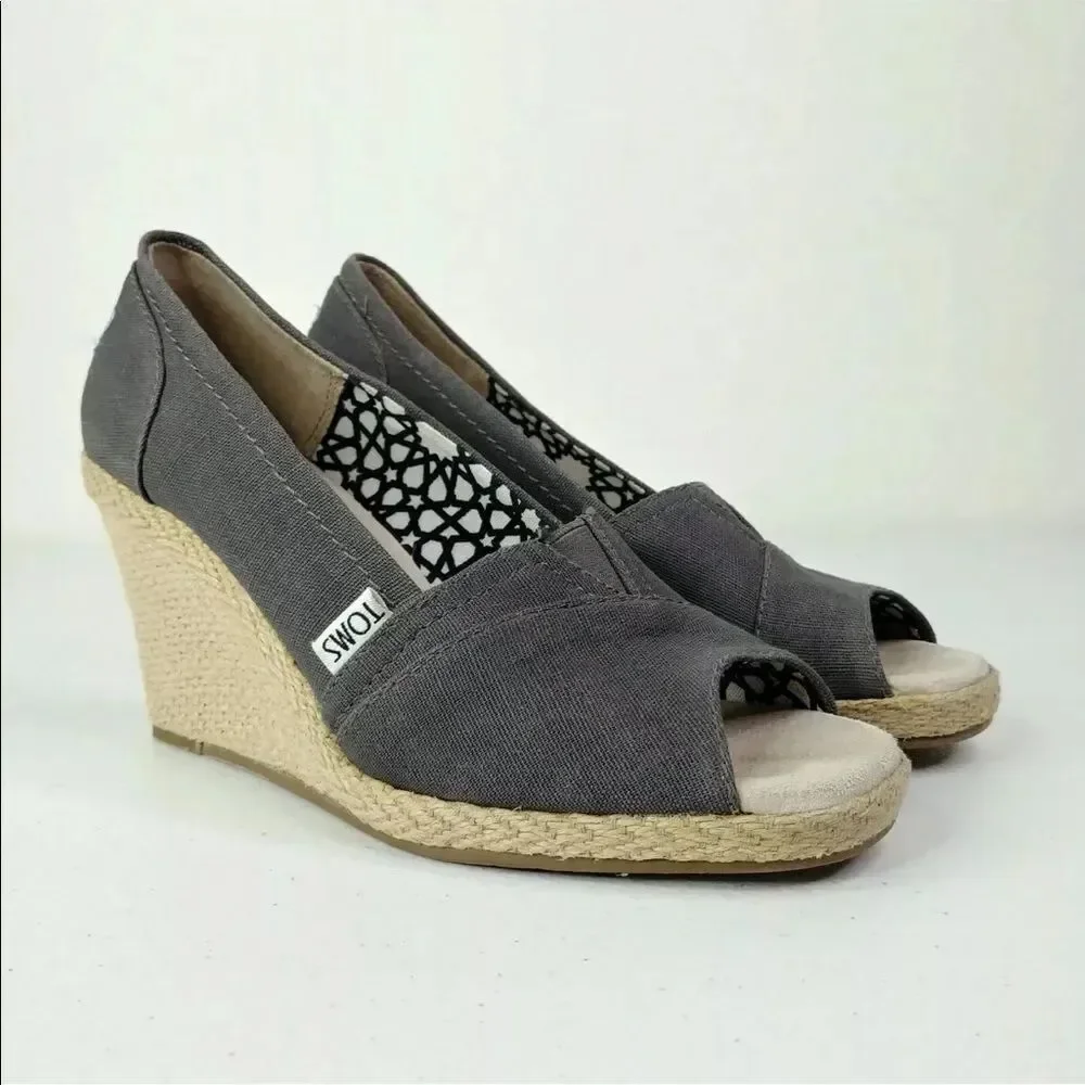 TOMS Calypso Canvas Peep Toe Wedge Espadrille Shoes